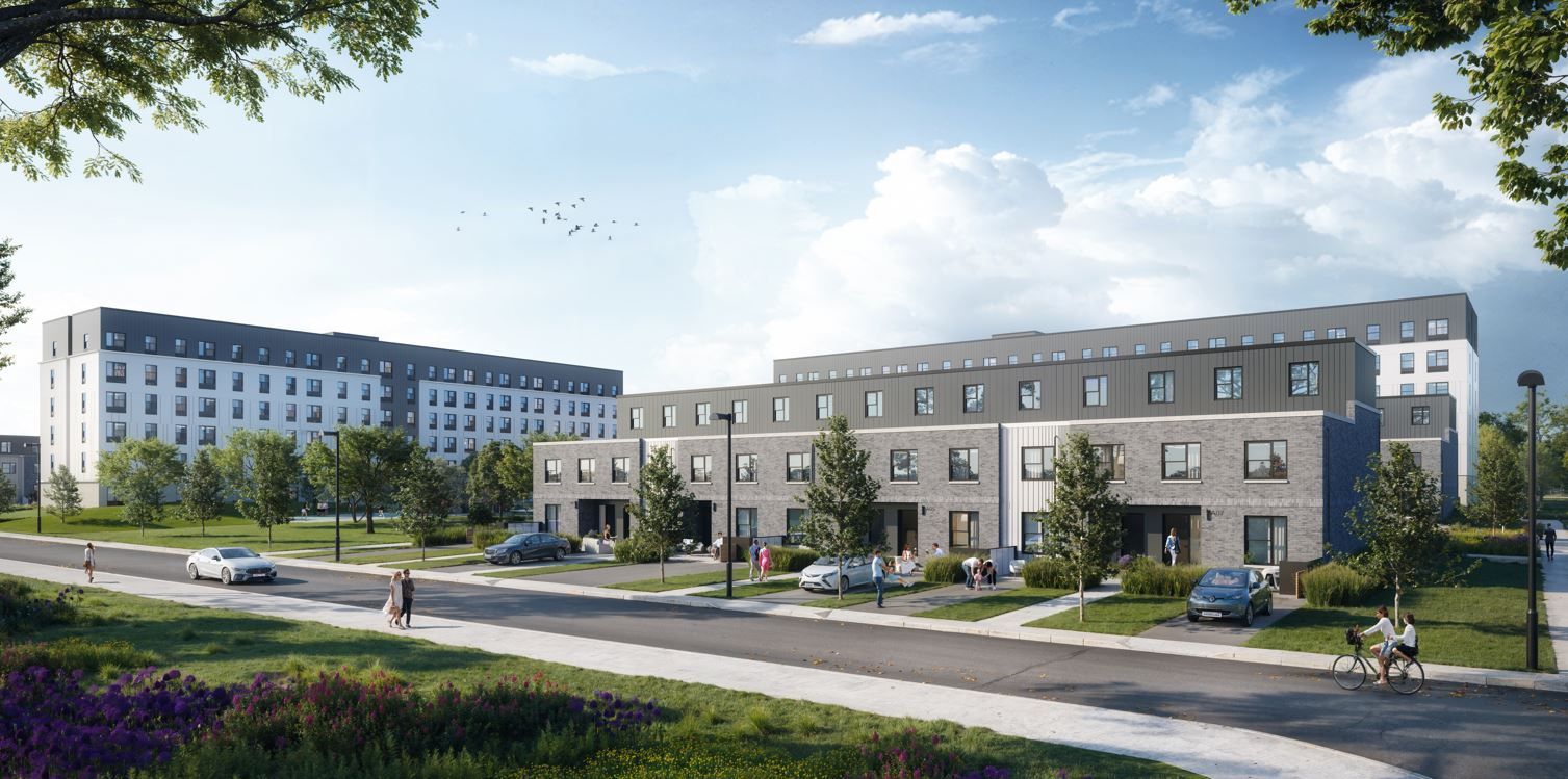 Modern apartment buildings and townhouses with parked cars, people walking and cycling, and trees along a sunny residential street. Construction, Caledon,
