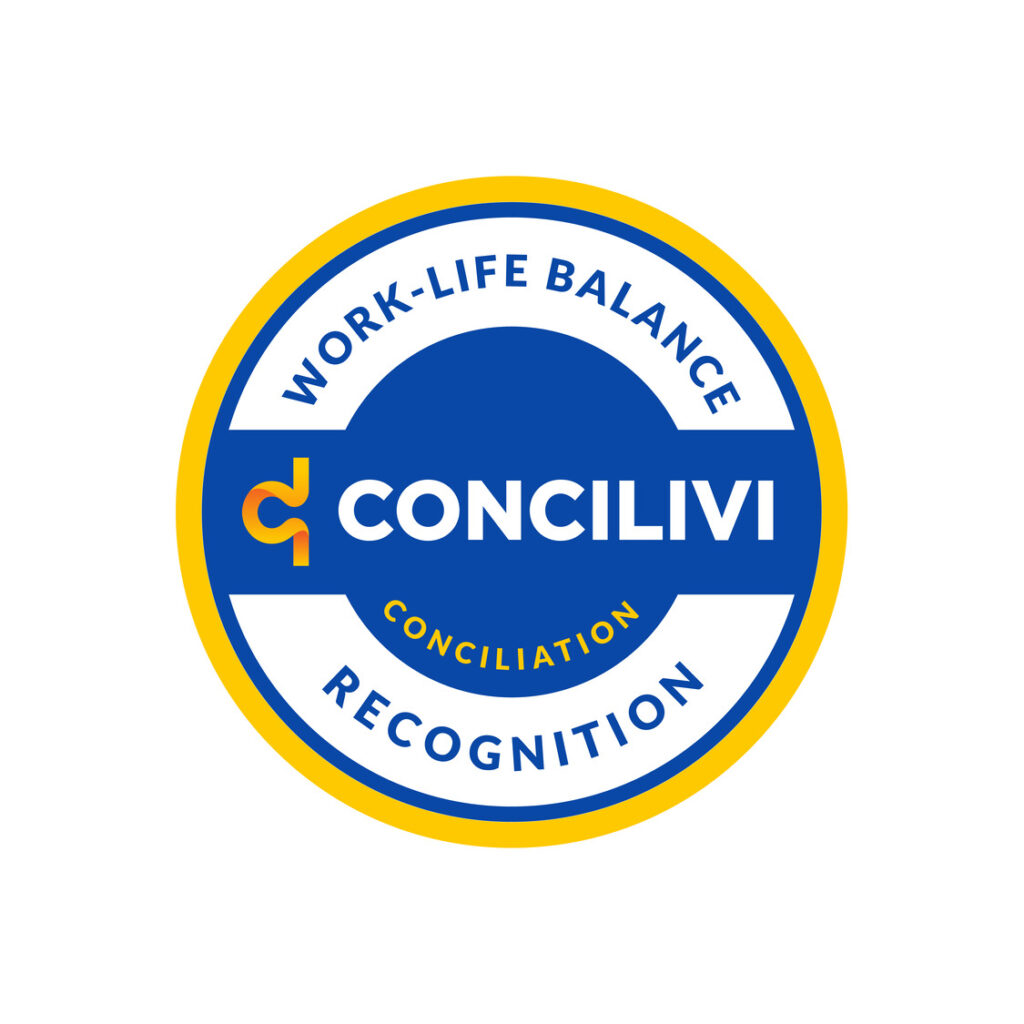 A circular badge with text "Work-Life Balance" and "Recognition" on the outer ring, and "CONCILIVI Conciliation" on the inner blue circle, with yellow and blue accents.