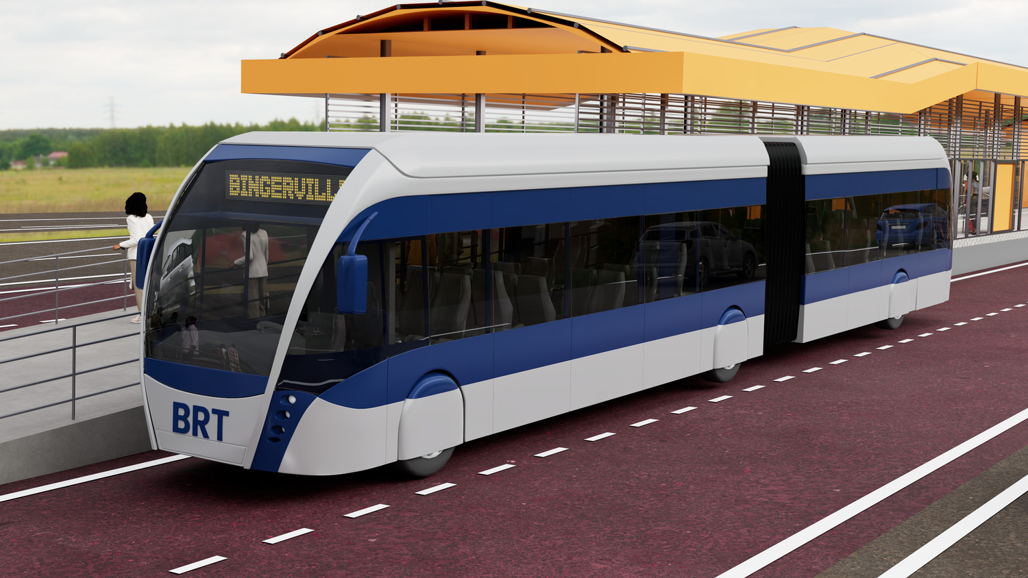 A modern articulated blue and white BRT bus is stopped at a covered station platform on a dedicated red asphalt lane.