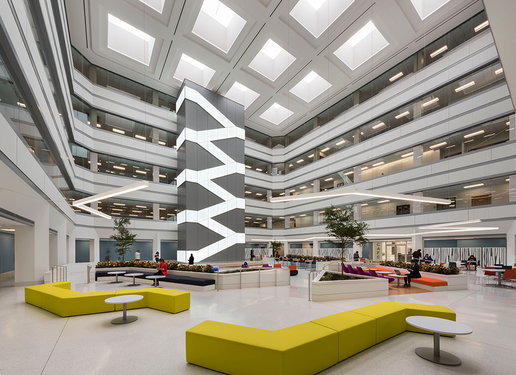 A large office building with a large atrium.