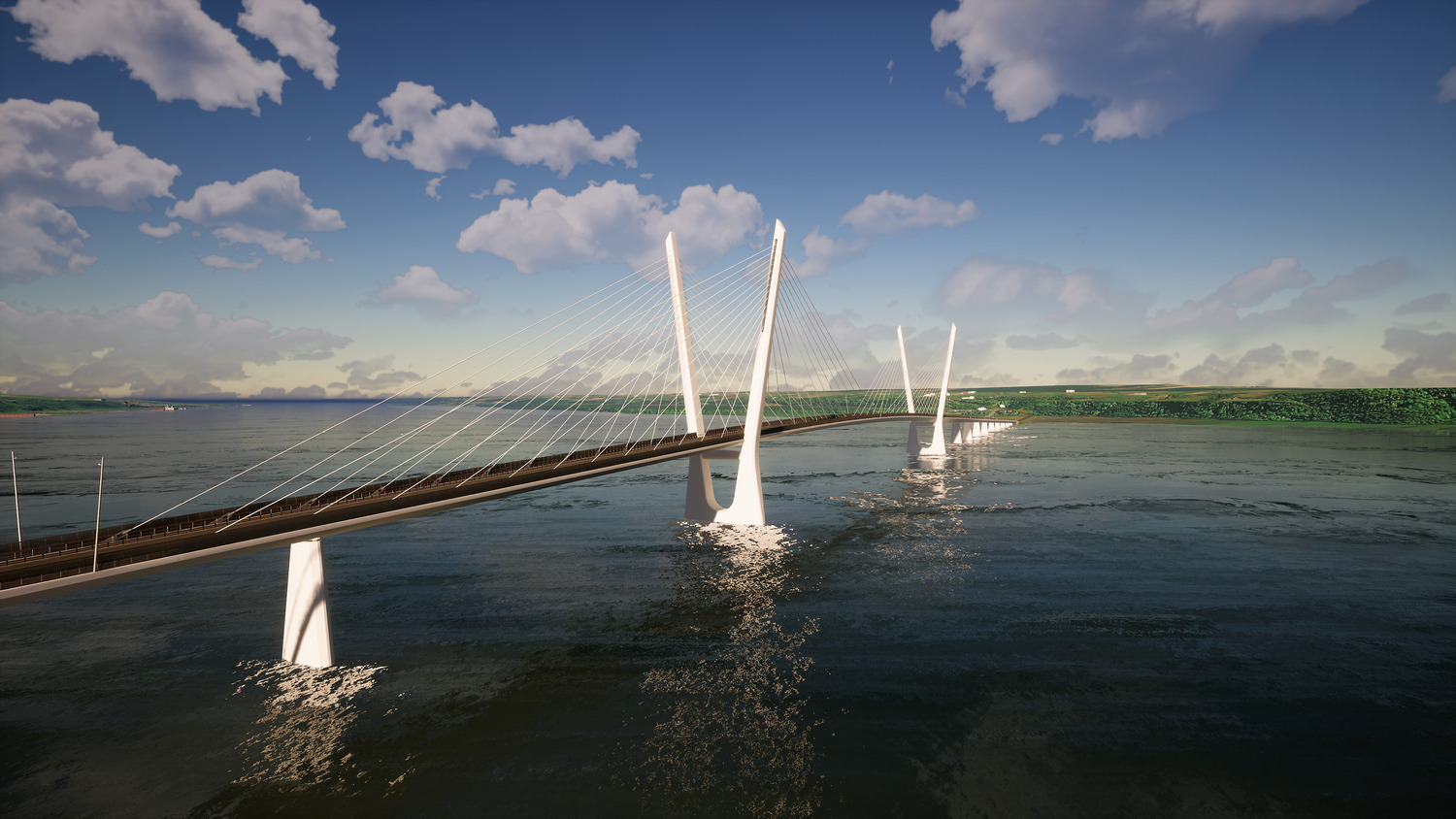 A modern cable-stayed bridge spans a wide river under a partly cloudy sky, with green landscape visible in the background.