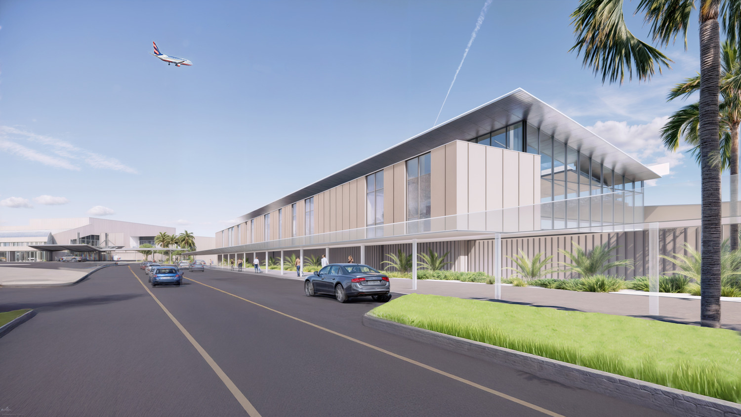 A modern Pensacola International Airport terminal with large glass windows, cars on the road in front, palm trees, and an airplane soaring in a clear blue sky.