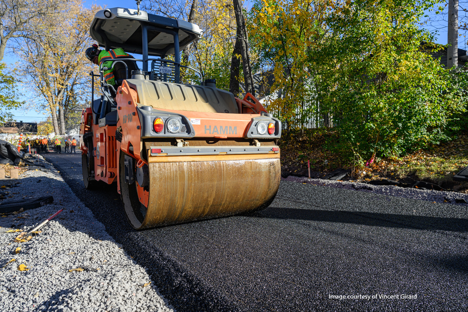 A construction worker operates a large orange asphalt roller to smooth and compact freshly laid pavement on a tree-lined road.