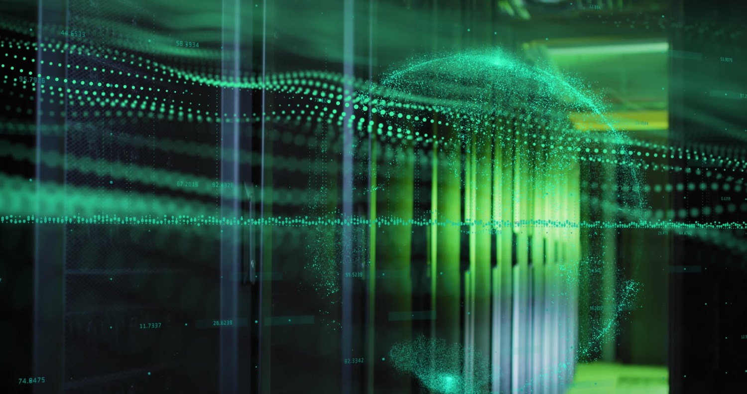A digital rendering of green data streams and a glowing sphere overlays a background of server racks, illustrating the dynamic environment of AI data centers.