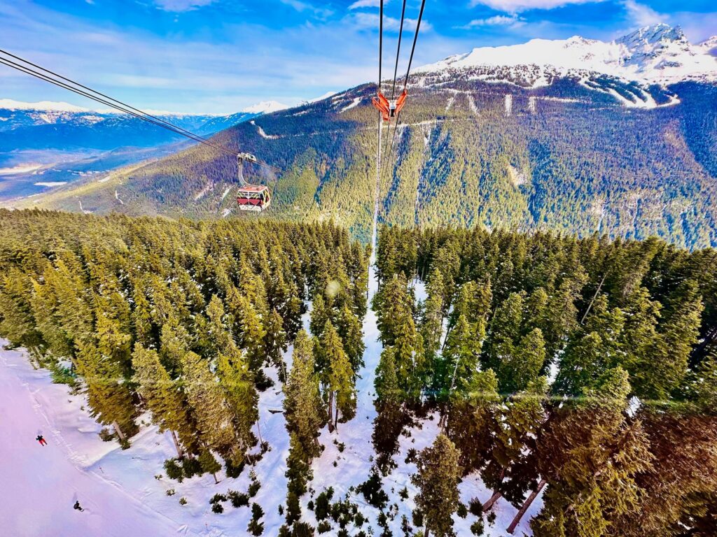 Aerial view from a cable car over a snowy forested mountain landscape with skiers visible below and distant peaks in the background.