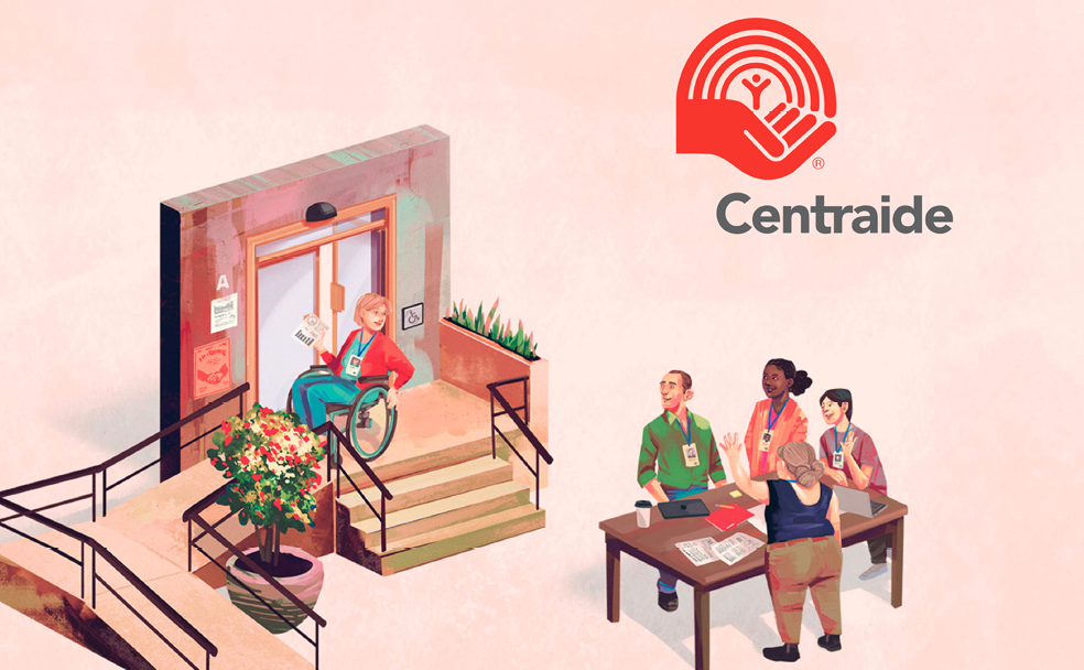 Illustration of people collaborating around a table, one in a wheelchair using a ramp. Centraide logo is displayed above them.