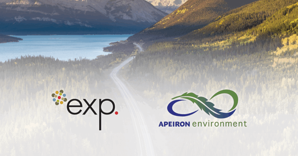 Aerial view of a mountain road by a lake, overlaid with the exp and Apeiron Environment company logos.