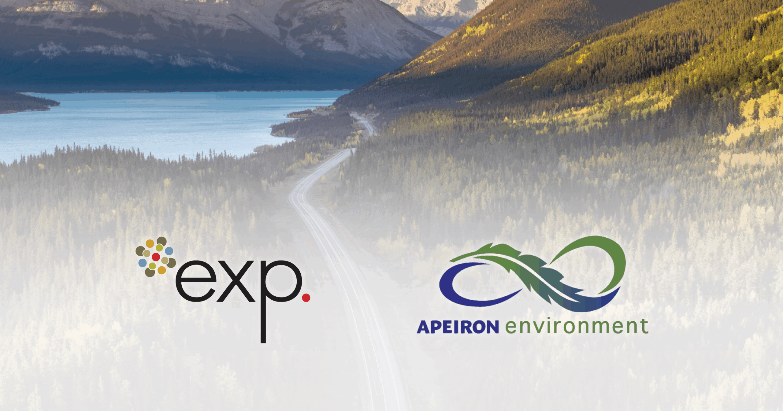 Aerial view of a mountain road by a lake, overlaid with the exp and Apeiron Environment company logos.
