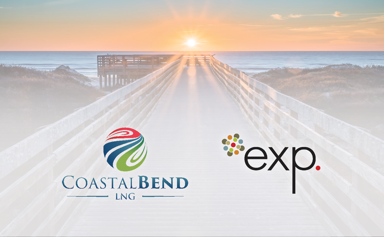A boardwalk leads to the beach at sunset, with Coastal Bend LNG and exp. logos displayed in the foreground.
