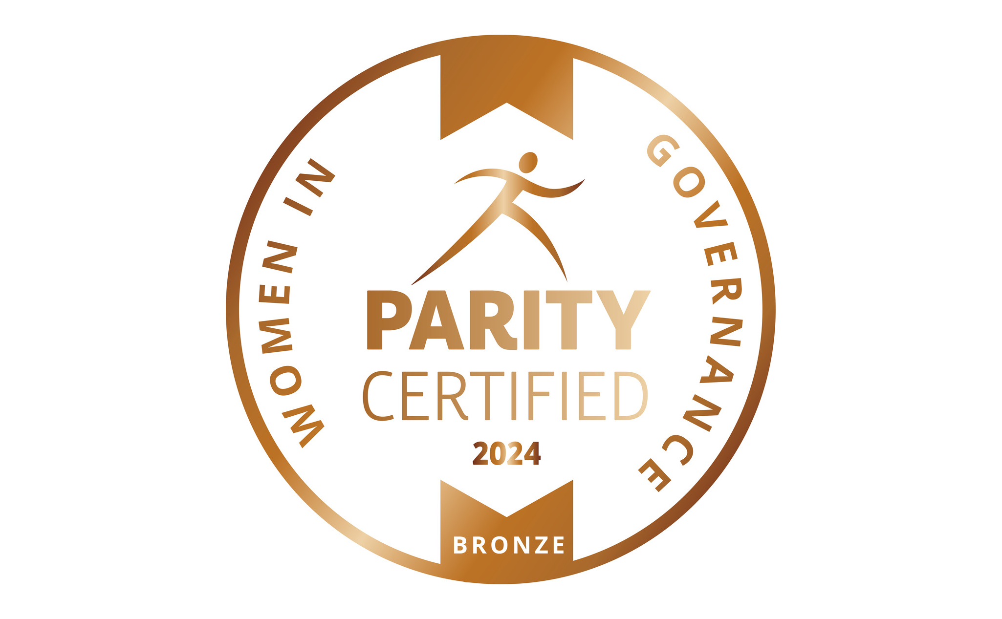 Bronze circular badge labeled "Parity Certified 2024" with "Women in Governance" text around the edge and a stylized person icon in the center.