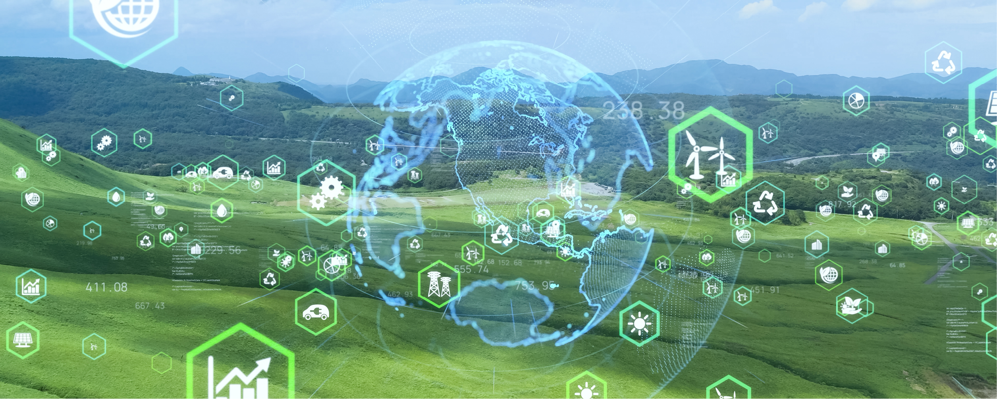 A green field with a globe and icons.