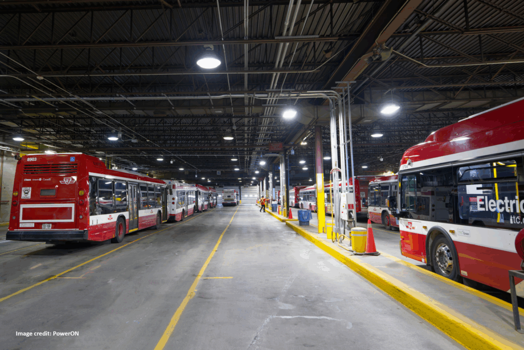 A bus depot interior showcases multiple red and white city buses, part of a transit electrification program, parked along both sides of a wide central lane under bright overhead lighting.