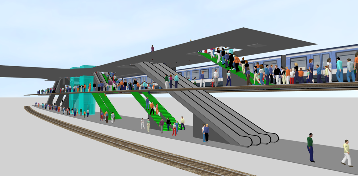 A digital rendering shows a two-level train station with green escalators, intermodal infrastructure, a train on the upper platform, and many people walking or waiting throughout the station.