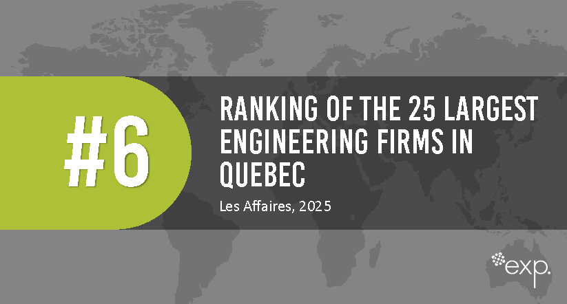 A graphic showing "Ranking of the 25 Largest Engineering Firms in Quebec: #6" with a world map background and the exp logo, citing Les Affaires, 2025.