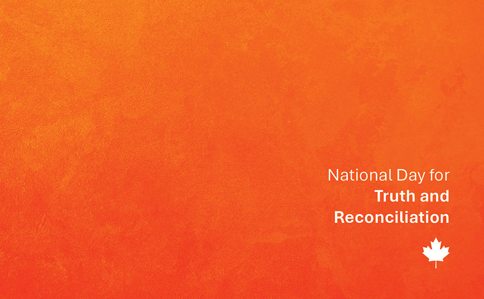 Text on orange background reads "National Day for Truth and Reconciliation" with a small white maple leaf icon in the bottom right corner.